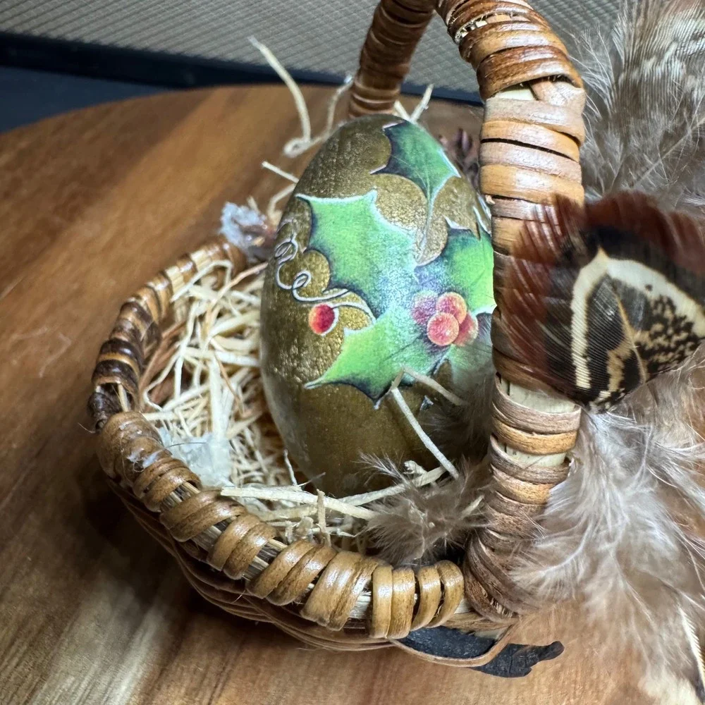 Vintage Hand Painted Gold Holly Egg in Miniature Wicker Basket with Feathers